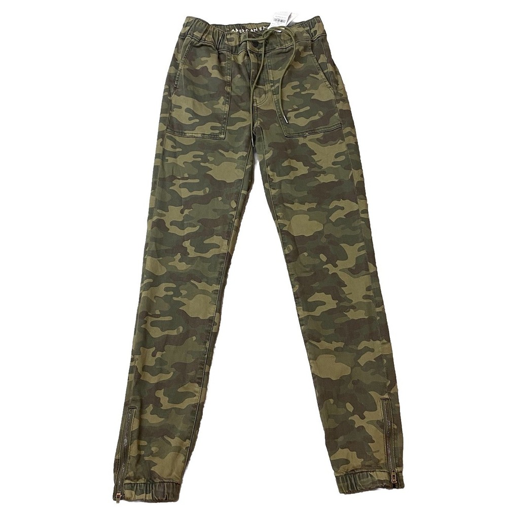 American Eagle Pants Womens Size 00 Green Camouflage Joggers Zip Ankle Stretch